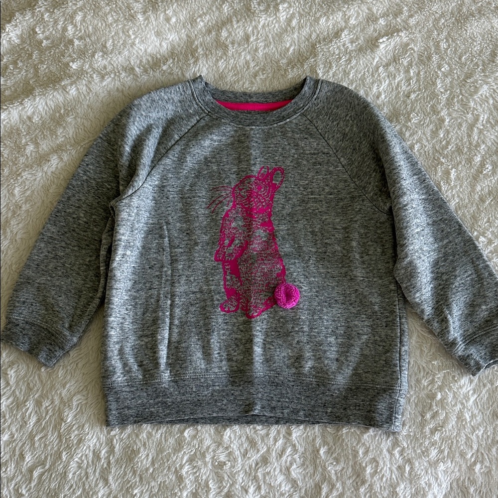 Mini Boden girls size 5-6 gray sweatshirt with hot pink bunny print pompom tail